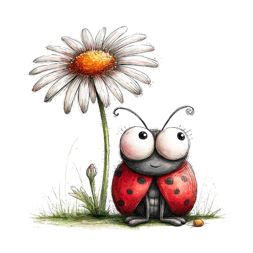 whimsical, ladybug, daisy, nature, garden, insects, bugs, children's, cute, charming, red, orange, white, green, spring, summer, illustration, storybook, playful, woodland, animal, flower, grass, botanical, kid-friendly, nursery, decorative, cheerful, light-hearted