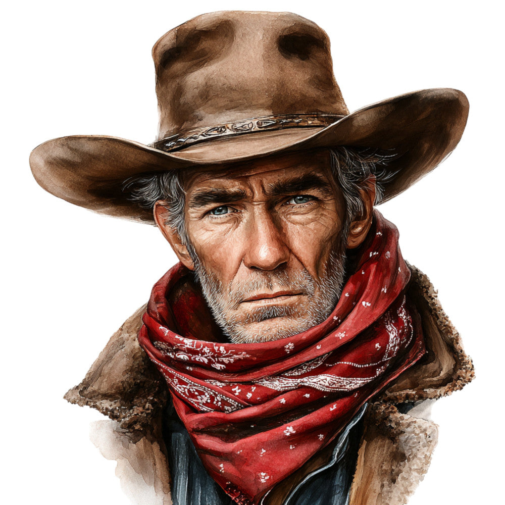 cowboy portrait, western, rustic, vintage, portrait panel, man, bearded man, red bandana, tan brown, cream, rust red, burgundy, blue denim, traditional, americana, western wear, cowboy hat, stetson, character panel, novelty, figurative, nostalgic, old west, frontier, landscape fabric, home decor, wall hanging, southwestern, masculine, heritage