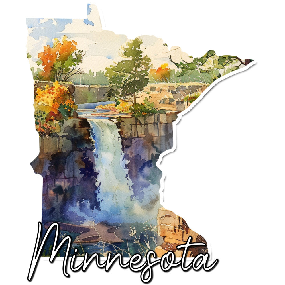 minnesota state map, watercolor landscape, autumn foliage, waterfall scene, nature scenery, orange trees, golden yellow, forest green, deep blue, purple shadows, cream background, fall colors, scenic design, geographical map, state pride, rustic landscape, watercolor painting style, seasonal autumn, nature-inspired, travel theme, americana, regional design, landscape art, natural beauty, artistic watercolor, brown earth tones, blue water, transitional style, state souvenir