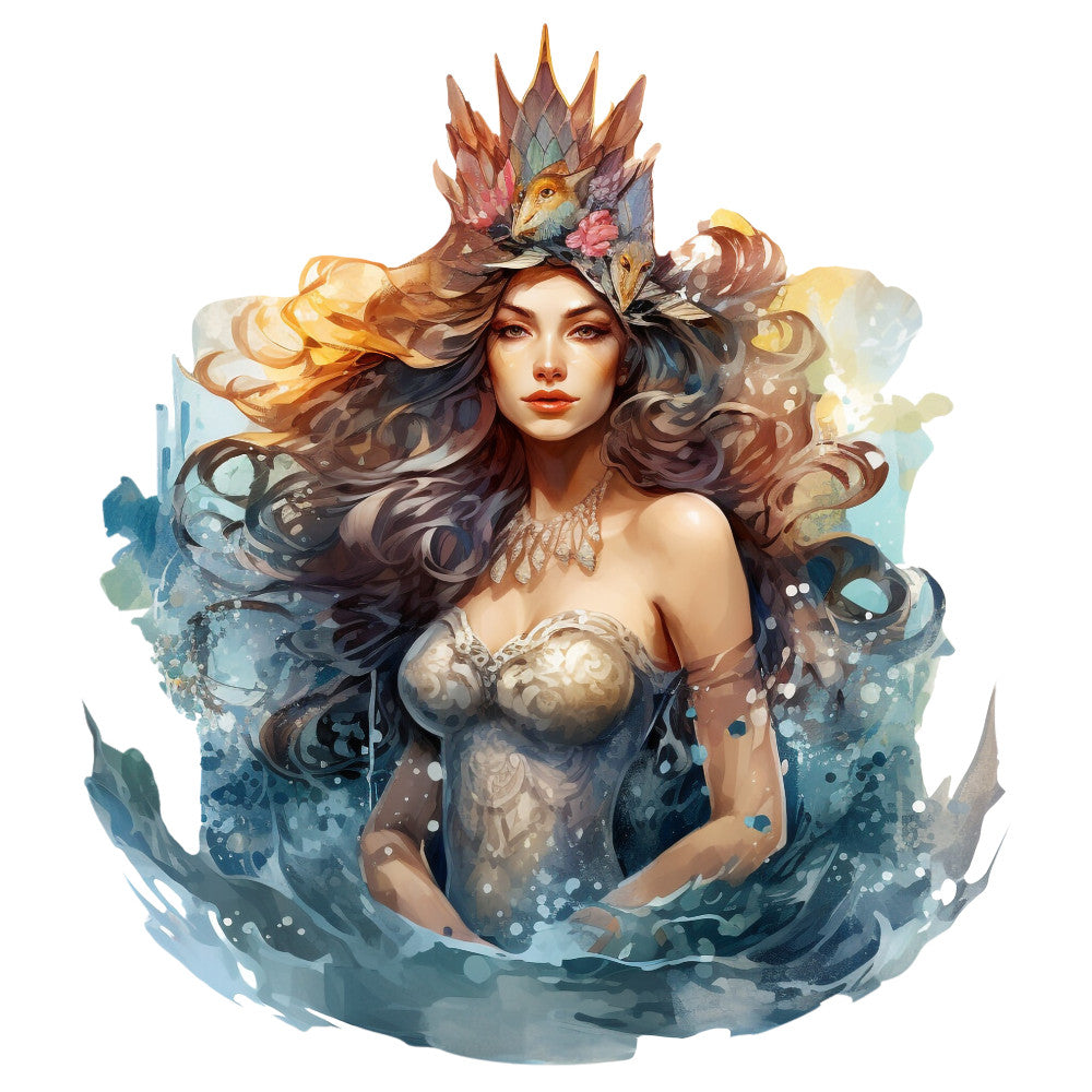 mermaid, fantasy art, ocean waves, flowing hair, seashell crown, birds, feathers, coral pink, teal blue, golden yellow, watercolor style, mythical creature, fabric panel, quilting cotton, enchanted sea, whimsical design, magical theme, water splashes, feminine figure, nature elements