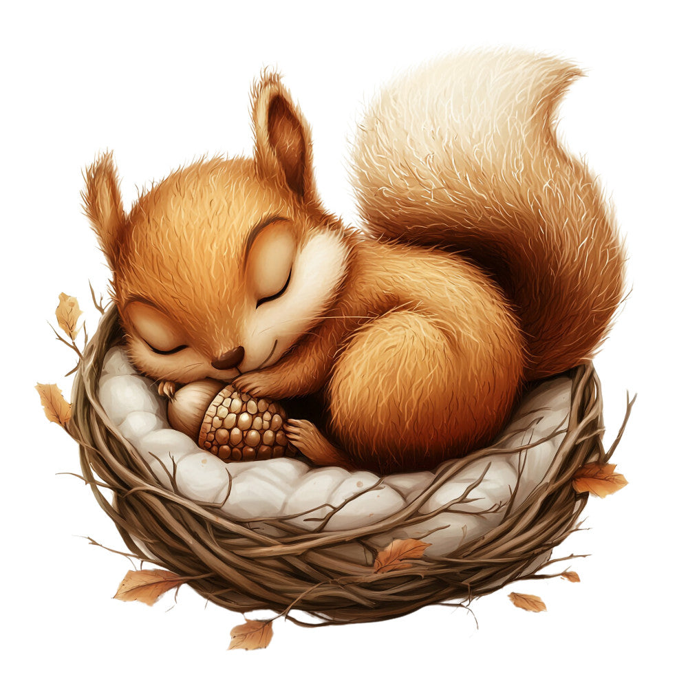 squirrel, sleeping squirrel, nest, acorn, autumn leaves, orange fur, brown tones, cream white, fabric panel, quilting cotton, woodland animals, cozy, peaceful, nature scene, fall theme, animal illustration, soft colors, rustic browns, wildlife art, children's fabric