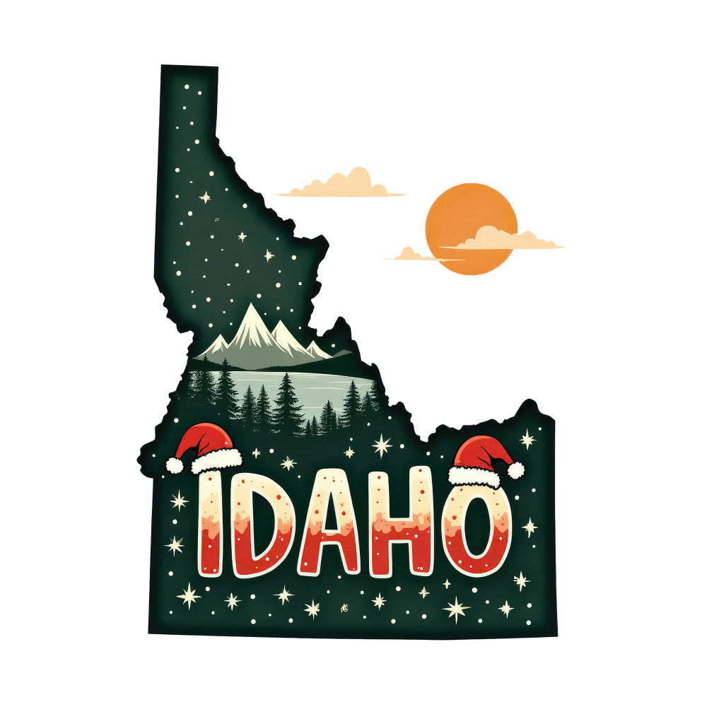 Christmas US States Fabric Panel 39 featuring Idaho state shape with festive Santa hats, stars, mountains, and a sunset design.
