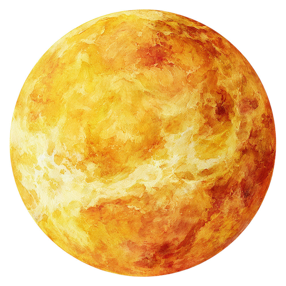 golden yellow, burnt orange, rust orange, amber, celestial, planet, venus, space, astronomy, round, spherical, textured, abstract, cosmic, glowing, orb, heavenly, night sky, solar system, wall hanging, home decor, modern, contemporary, warm tones, orange ombre, yellow gradient, atmospheric, celestial theme, space theme