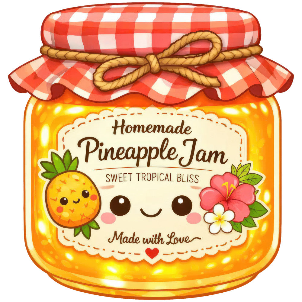 homemade pineapple jam, pineapple, jam jar, tropical, sweet, cute, whimsical, adorable, kawaii, smiling face, happy, cheerful, gold yellow, golden, coral pink, red and white checkered, gingham, red gingham, rope bow, flowers, hibiscus, daisy, floral, fruit, food themed, kitchen, farmhouse, vintage, retro, folk art