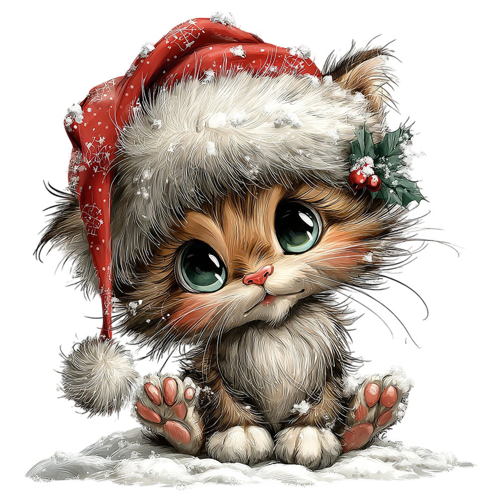 christmas cat, holiday kitten, festive feline, red santa hat, winter white, cream colored, tan brown, forest green, coral pink, holly berries, snow theme, whimsical animals, cute cat face, large eyes, christmas animals, seasonal holiday, winter creatures, vintage style, charming illustration, woodland creature, festive decoration, christmas theme, snow covered, holiday motif, decorative panel, character design, playful expression, winter wonderland, santa kitten, christmas critter