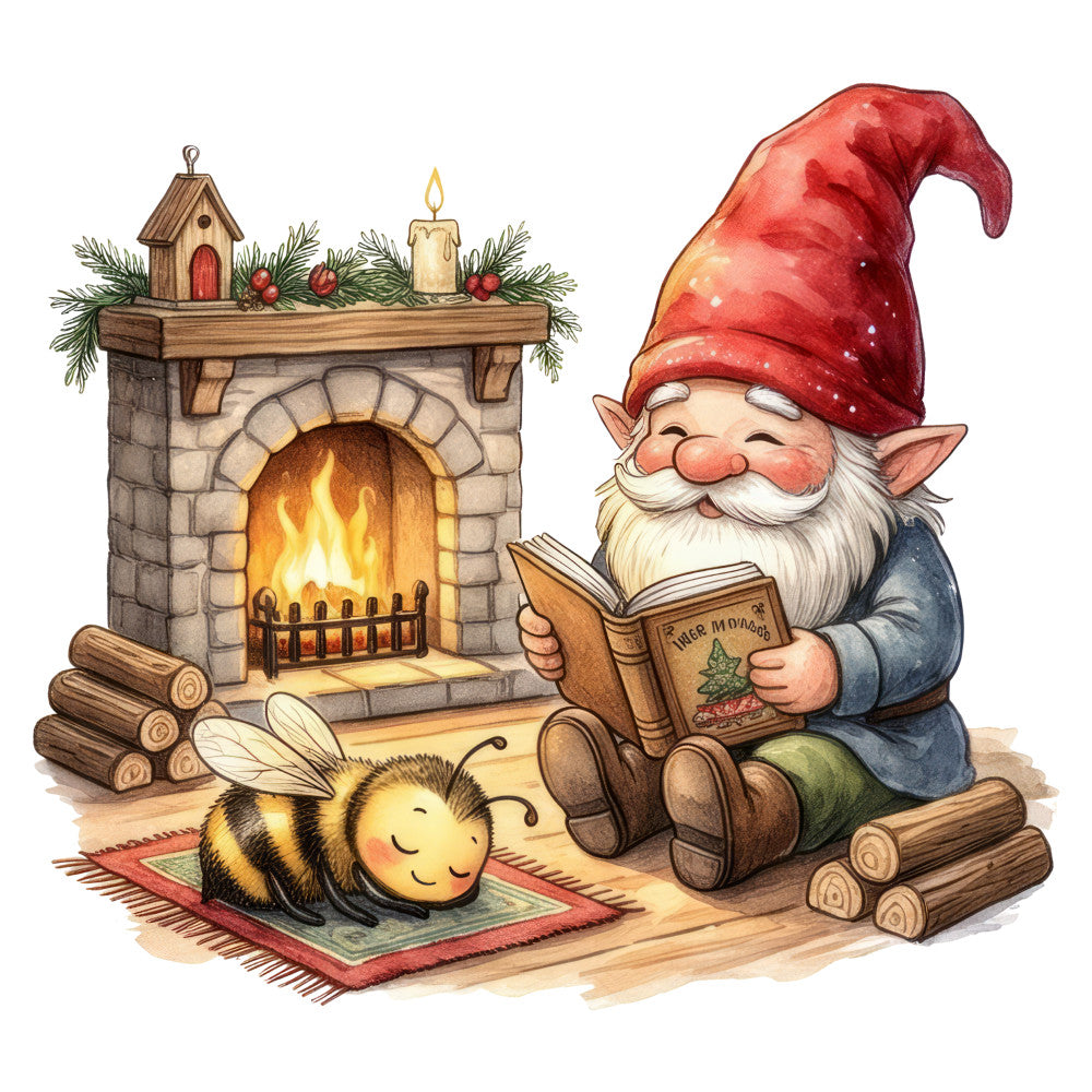 gnome, fairy tale, whimsical, christmas, holiday, fireplace, cozy, winter, red hat, white beard, bee, reading, storybook, rustic, traditional, cream, forest green, warm red, golden yellow, navy blue, charming, nostalgic, magical, children's, nursery, decorative, festive, cottage core, vintage illustration, nature-inspired