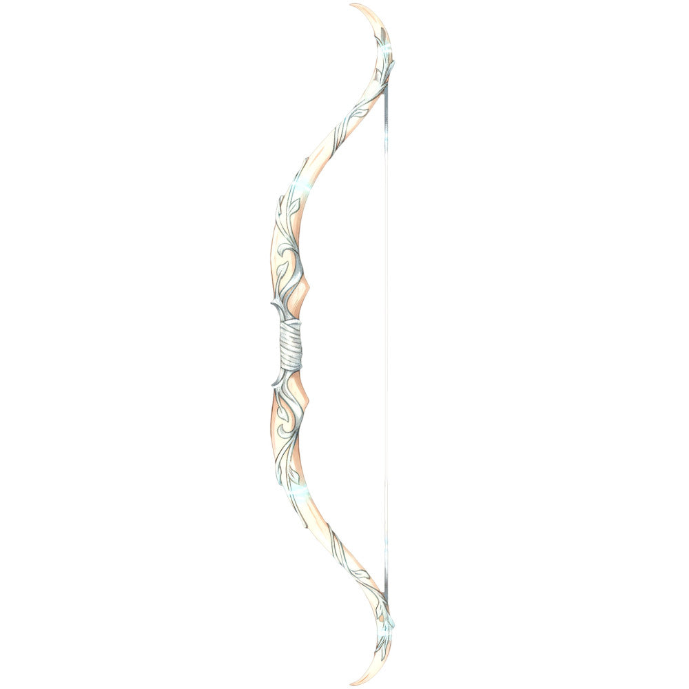 bow and arrow, archery, fantasy, medieval, elegant, ornamental, cream, beige, tan, gold, silver, gray, blue-gray, wrapped grip, feathered fletching, decorative, traditional, nature-inspired, woodland, adventure, mystical, whimsical, hand-drawn, detailed illustration, neutral tones, earth tones, renaissance, inspired, warrior, hunter
