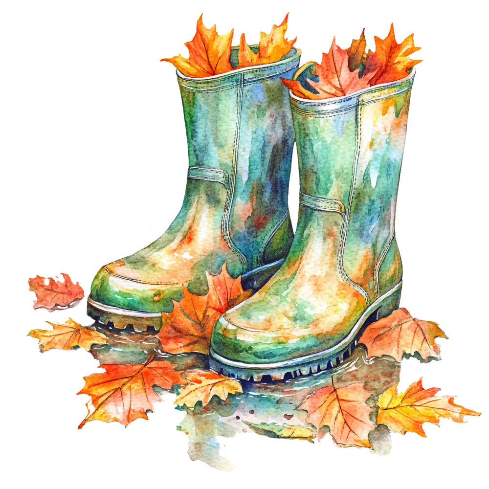 autumn leaves, fall foliage, rain boots, watercolor, nature, seasonal, forest green, golden yellow, burnt orange, coral red, rustic, whimsical, children's, kids, autumn harvest, boot print, leaf pattern, watercolor style, fall colors, september, october, november, thanksgiving, cozy, charming, illustration style, decorative, wall hanging, table runner, throw pillow