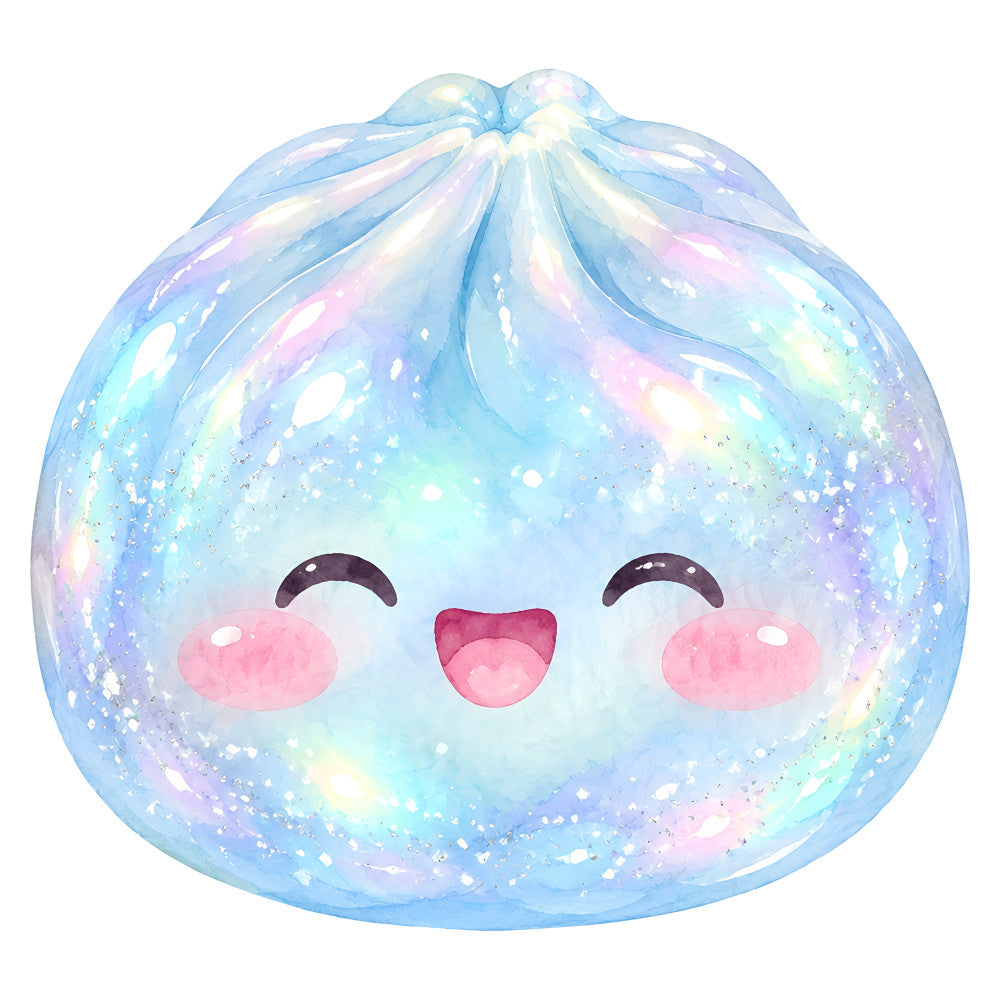pastel blue, iridescent, holographic, soft pink, lavender, light purple, mint green, sparkle, glitter, cute, whimsical, kawaii, character, face, happy expression, closed eyes, blushed cheeks, heart mouth, celestial, magical, dreamy, fantasy, children, baby, nursery, playful, sweet, innocent, girly, modern