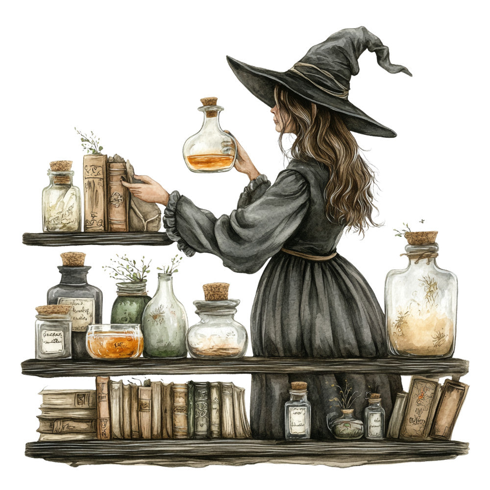 watercolor, witch, magical, potion bottles, spell books, pointy hat, brown hair, gray dress, apothecary shelves, glass jars, cork stoppers, herbalism, mystical, fantasy character, earthy tones, sepia colors, amber liquids, witchcraft theme, fabric panel, quilting cotton