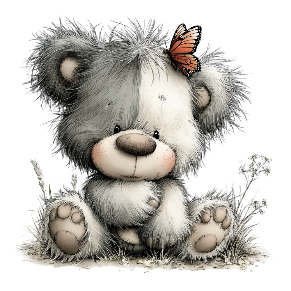 fluffy bear, cute animal, whimsical, gray and white, charcoal gray, cream, soft fur texture, teddy bear, butterfly, nature, gentle, sweet, children, nursery, baby, playful, woodland, sitting bear, botanical elements, wildflowers, grass, spring, summer, adorable, tender, storybook, illustration style, peaceful, calming, decorative panel