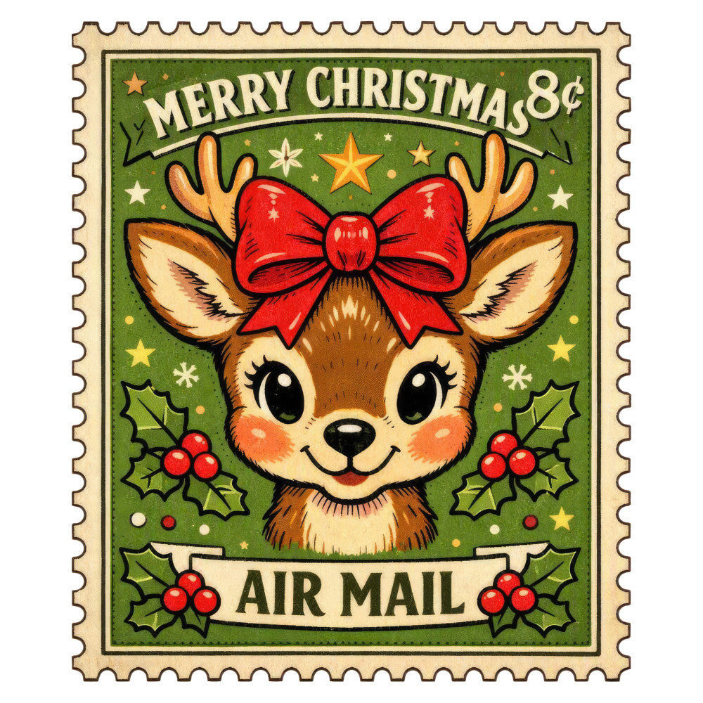 merry christmas, christmas stamp, reindeer, red bow, holly berries, green background, cream, gold stars, vintage christmas, retro holiday, whimsical, festive, jolly, cute animals, holiday mail, air mail, forest green, cream colored, holiday themed, christmas animals, vintage style, traditional christmas, deer with bow, holly leaves, red berries, cheerful, nostalgic, christmas panel, seasonal, winter holiday