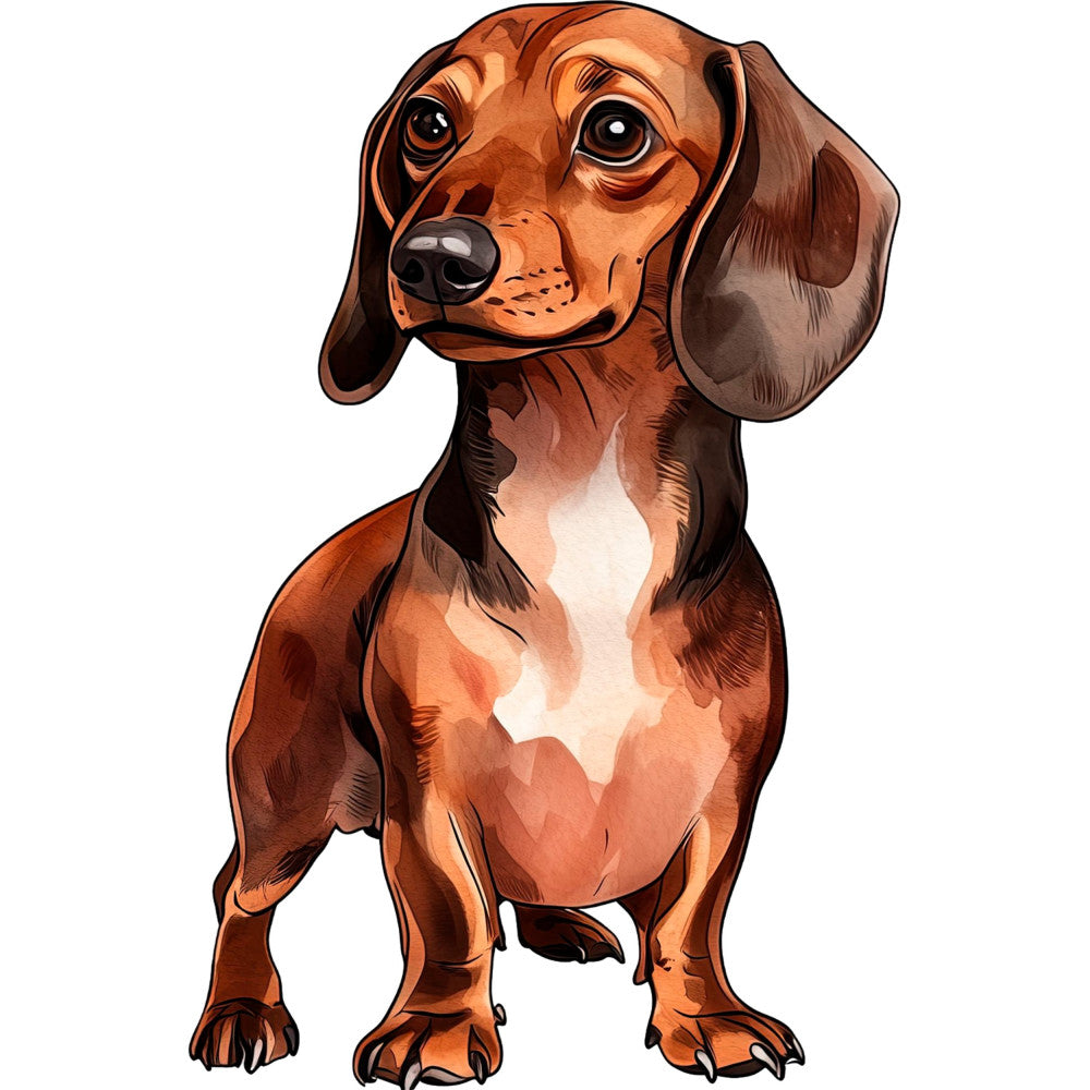 dachshund, dog, brown, rust, tan, cream, white, chocolate brown, animal, pet, cute, whimsical, illustration, cartoon, children, kids, playful, modern, realistic, portrait, puppy, long-haired dog, friendly, nursery, baby, wall art, home decor, animal lovers
