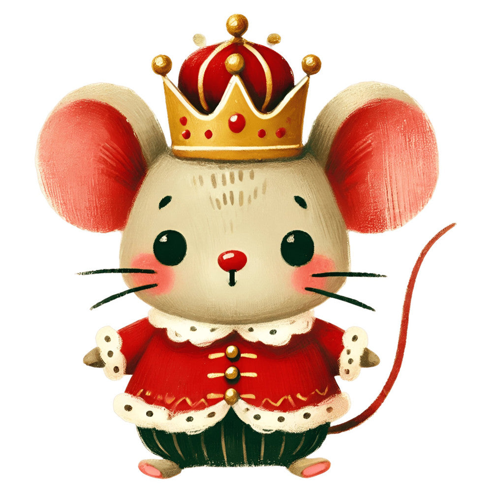 royal mouse, crown, red and gold, cream, coral pink, forest green, whimsical, cute animals, mice, royalty, princess, festive, holiday, christmas, vintage, storybook, children's illustration, elegant, decorative, gold accents, red velvet, pearl white, animal characters, fairy tale, nursery, baby, playful, ornate crown, detailed design
