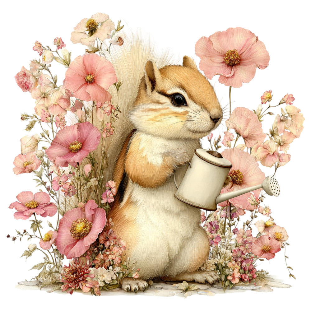 squirrel, chipmunk, woodland animal, pink flowers, cream, tan, beige, gold, blush pink, coral pink, dusty rose, floral, nature, whimsical, cute animal, garden theme, spring, summer, watering can, botanical, vintage style, cottage core, sweet, gentle, soft colors, animal lover, children's, baby quilt, wall hanging, nursery décor