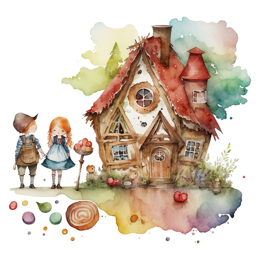 watercolor, whimsical, fairy tale, storybook, gingerbread house, cottage core, children's illustration, fantasy, magical, autumn, fall, warm earth tones, burnt orange, sage green, dusty blue, cream, tan, brown, red roof, forest, nature, children, characters, girl, boy, hand painted, artistic, vintage storybook, enchanted, whimsy