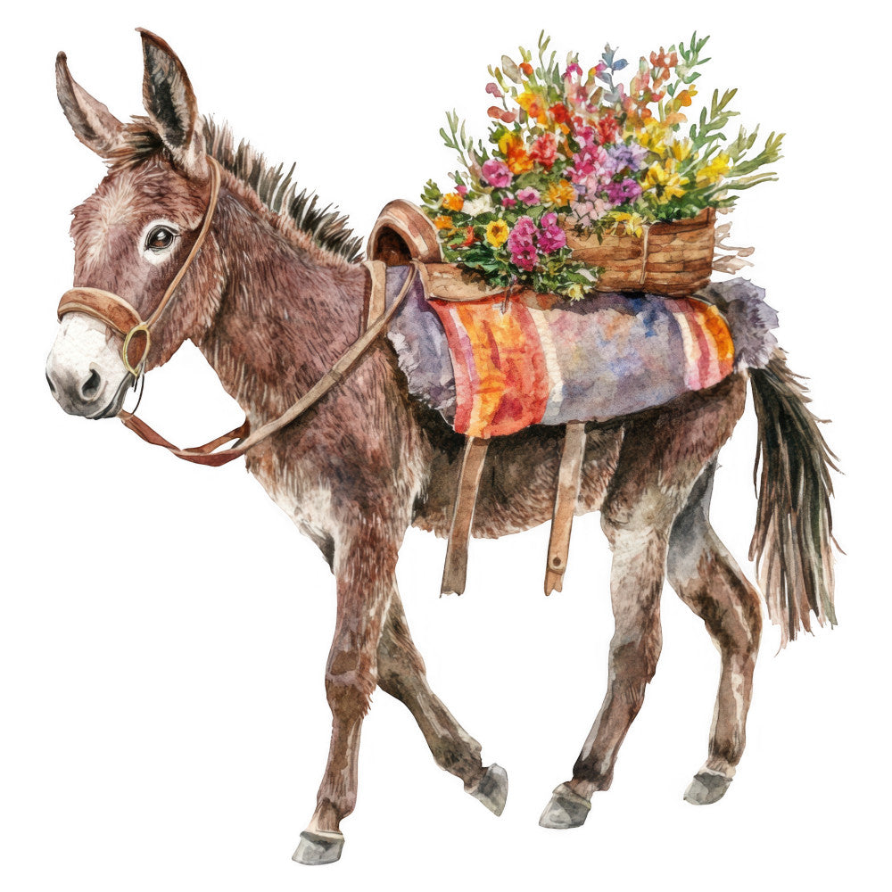 donkey, burro, pack animal, wildflower, flower basket, multicolor, bright colors, pink, yellow, orange, purple, green, striped blanket, serape, folk art, rustic, whimsical, farmhouse, vintage, country, cottage core, spring, summer, garden, nature, animals, boho, bohemian, decorative, cheerful