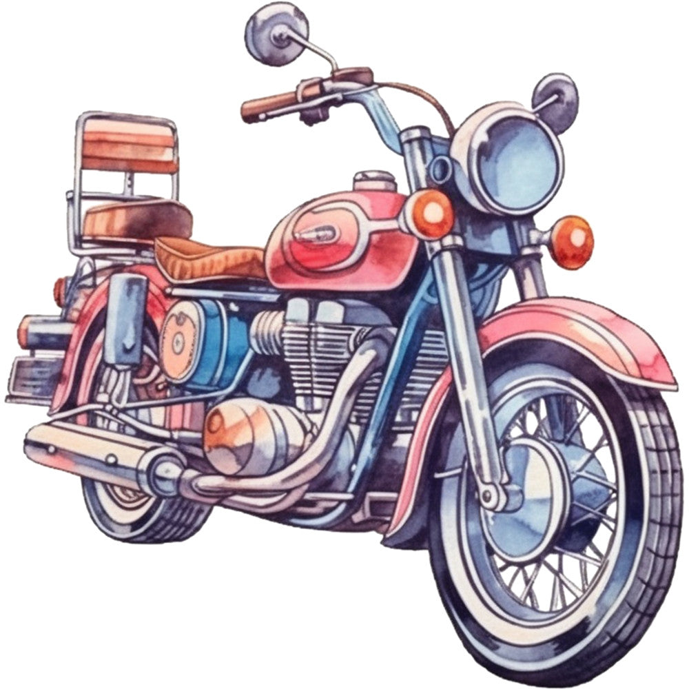 motorcycle, vintage bike, red, coral, blue, chrome, orange accents, detailed illustration, mechanical design, retro style, fabric panel, quilting cotton, transportation theme, engine details, spoked wheels, handlebars, exhaust pipes, realistic artwork, automotive print, craft material