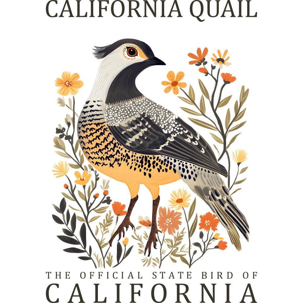 california quail, state bird, orange flowers, black plumage, white chest, botanical illustration, nature scene, fabric panel, quilting cotton, bird motif, floral elements, wildlife design, cream background, decorative feathers, ornithology theme, craft fabric, sewing panel, golden yellow, earthy tones, natural history