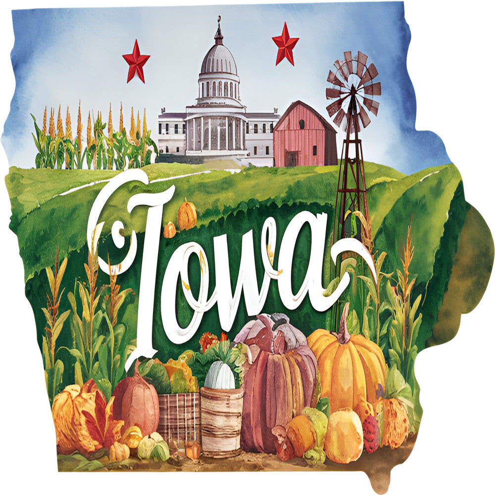 Classic US States Fabric Panel 1 featuring Iowa design with pumpkins, windmill, barn, cornfields, and state capitol building on quilting cotton.
