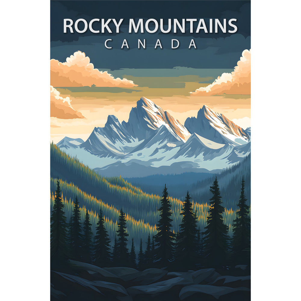 fabric panel, rocky mountains, canada, travel poster, vintage poster style, mountain landscape, snow-capped peaks, evergreen trees, coniferous forest, dramatic sky, orange clouds, peach sunset, teal blue, forest green, navy blue, scenic vista, nature scene, outdoor adventure, wilderness, quilting cotton