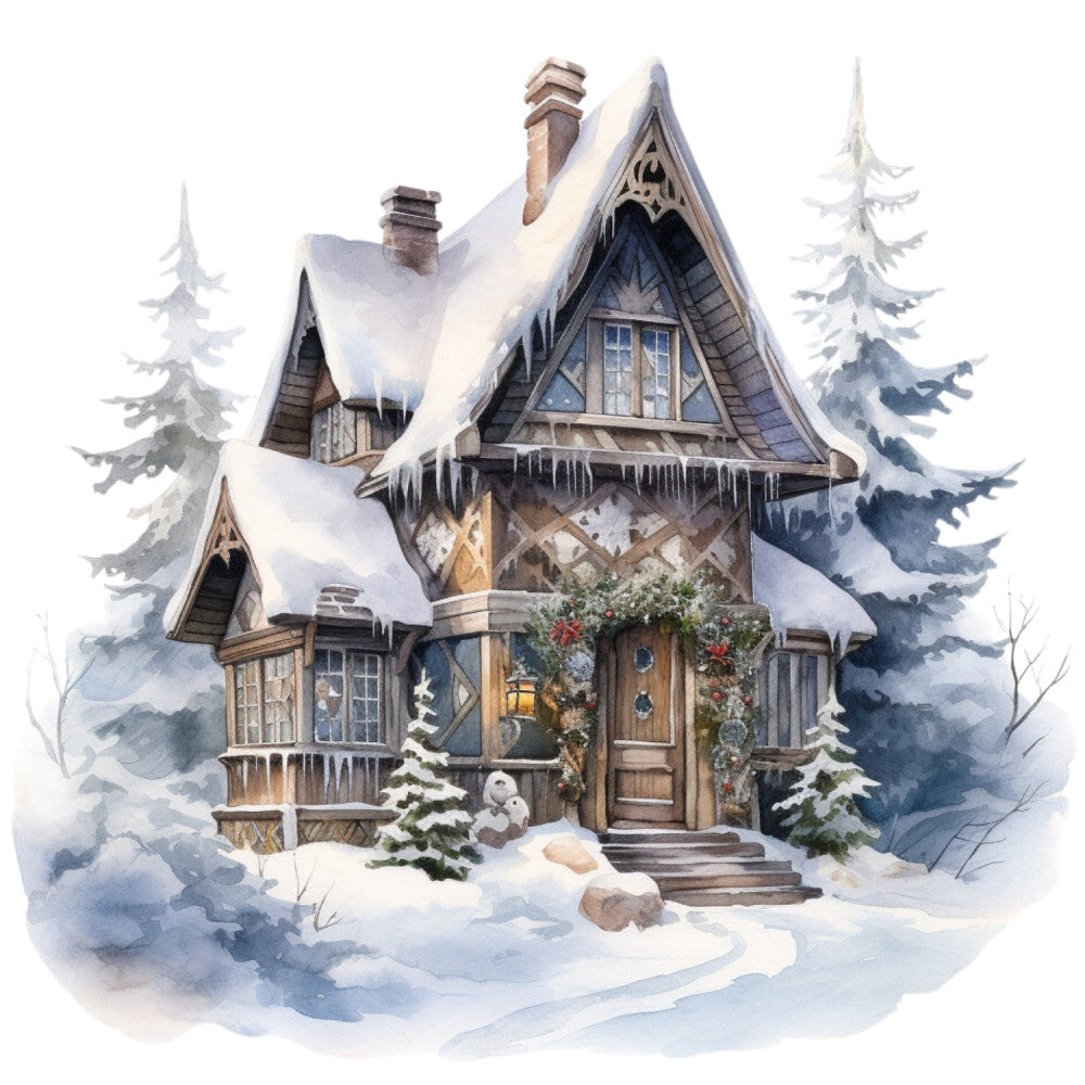 Watercolor Winter Houses Fabric Panel 34