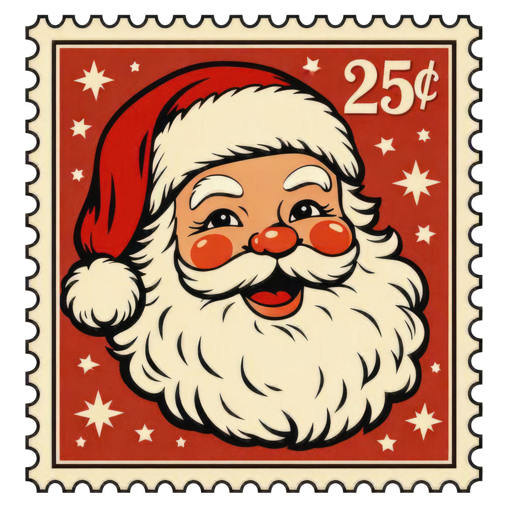 santa, christmas, holiday, vintage, retro, nostalgic, whimsical, festive, red, cream, ivory, beige, tan, gold, jolly, cheerful, stars, st nick, kris kringle, beard, glasses, nose, smile, traditional, classic, seasonal, winter, decorative, wall hanging, christmas decoration