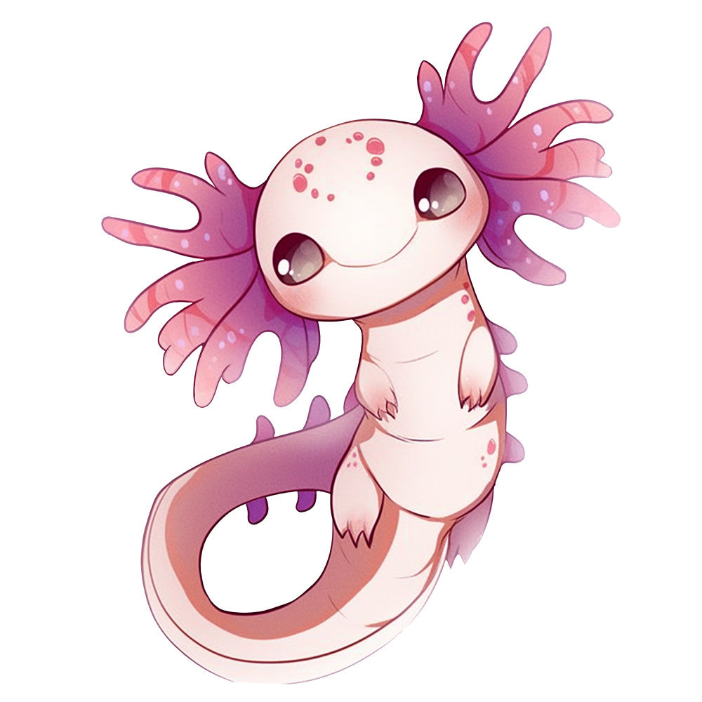 pink, purple, coral, axolotl, cartoon, cute, kawaii, anime style, amphibian, salamander, gills, fabric panel, quilting cotton, adorable, pastel colors, aquatic animal, soft pink, lavender, whimsical, children's fabric