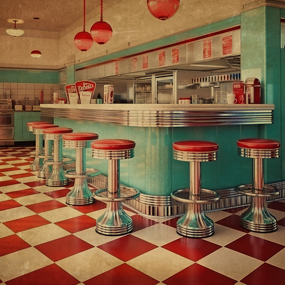 retro diner, vintage 1950s, turquoise, red, cream, chrome, mid-century modern, retro aesthetic, diner scene, checkered floor, soda fountain, nostalgic, americana, classic diner, retro kitchen, retro bar stools, geometric, architectural, red and white, teal and red, retro home decor, vintage americana, 50s style, retro tabletop, diner memorabilia, kitschy, retro restaurant theme, wall hanging, novelty print