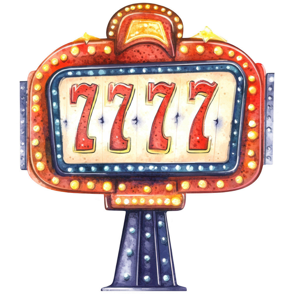 watercolor, casino sign, vintage neon, lucky sevens, gambling theme, slot machine display, red numbers, yellow bulbs, blue accents, orange frame, retro style, fabric panel, quilting cotton, vegas inspired, jackpot motif, colorful lights, entertainment theme, nostalgic design, bright colors, carnival atmosphere