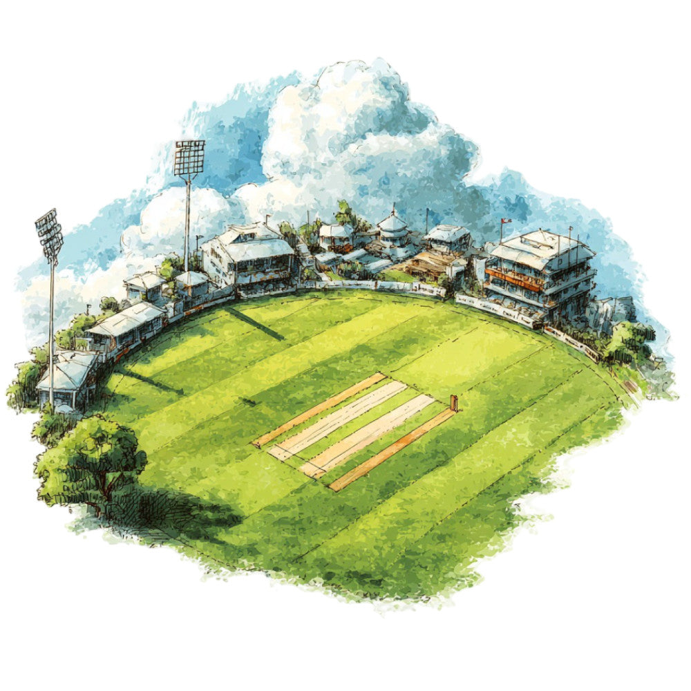 cricket ground, sports, cricket pitch, lime green, light blue, sky blue, cream, white, architectural, stadium, bleachers, grandstand, sports field, vintage, whimsical, illustration, landscape, outdoor, recreational, summer, springtime, sports theme, sporting events, isometric view, detailed illustration, pastoral, recreational spaces, nostalgic