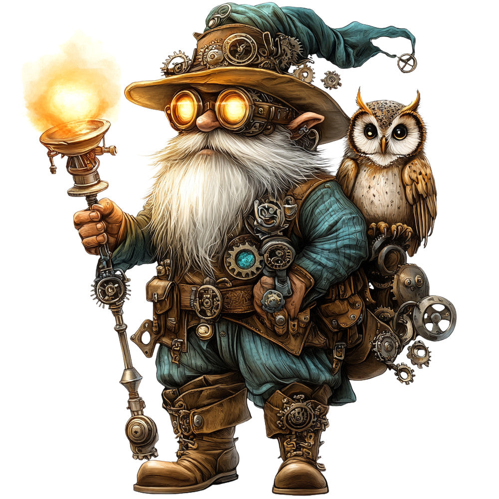 steampunk gnome, mechanical wizard, brown owl, brass gears, copper goggles, teal robes, white beard, glowing staff, victorian fantasy, bronze clockwork, turquoise fabric, ornate gadgets, mystical flame, detailed illustration, fabric panel, quilting cotton, fantasy character, steampunk accessories, magical inventor, intricate machinery