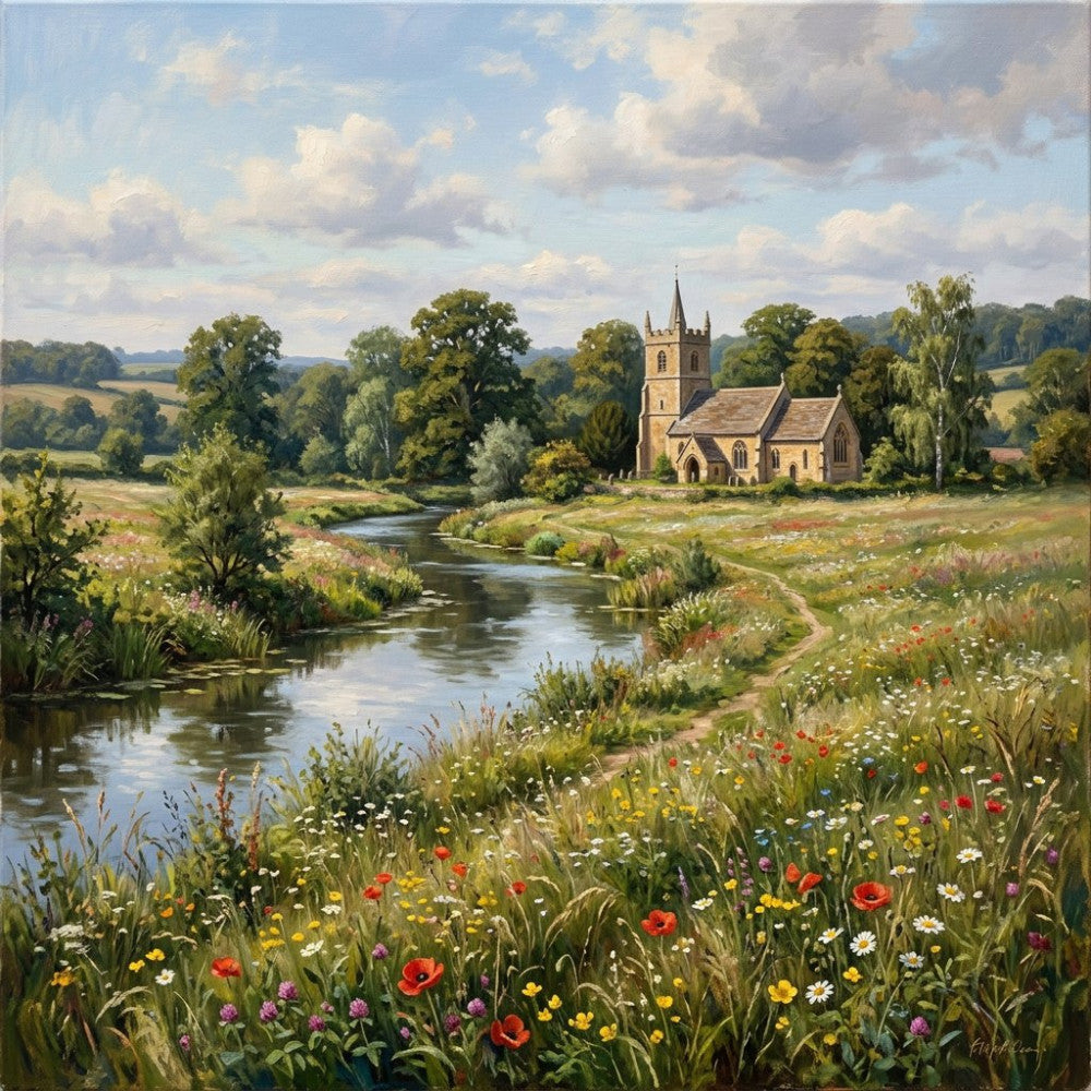 english countryside, church, wildflowers, pastoral, landscape, spring, summer, floral, nature, rustic, traditional, farmhouse, peaceful, scenic, river, meadow, poppy, daisy, wildflower meadow, cream, sage green, sky blue, soft blue, golden yellow, rustic charm, vintage countryside, tranquil, bucolic, architectural, heritage
