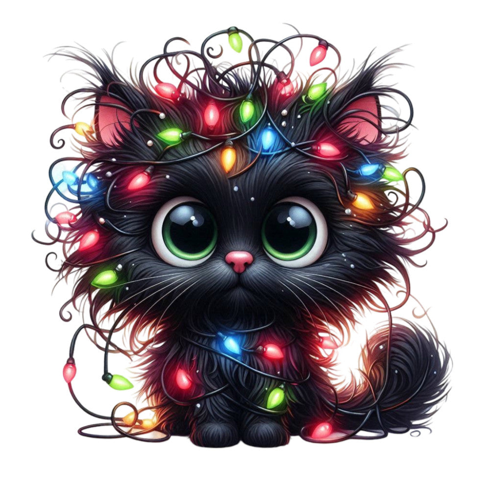 black cat, glowing lights, christmas lights, holiday, festive, whimsical, cute animal, kitten, green eyes, colorful lights, red lights, blue lights, green lights, yellow lights, curly hair, fluffy, playful, winter, christmas, magical, enchanted, modern whimsical, pet lover, cat lover, children's, decorative, wall hanging, festive animal, sparkly