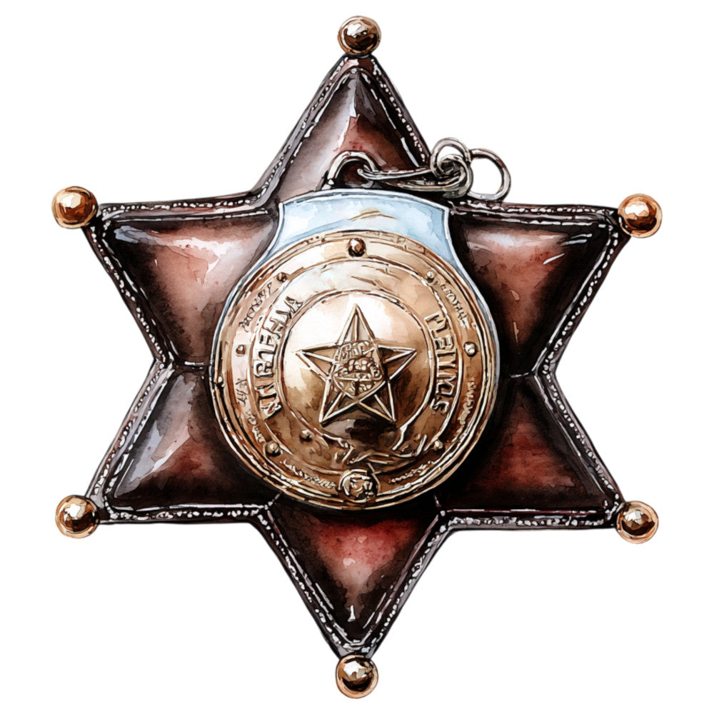 bronze star, copper metallic, dark brown, sheriff badge, western, vintage law enforcement, six-pointed star, badge motif, steampunk, masculine, rustic, cowboy, old west, antique brass, decorative badge, heritage americana, traditional western, copper accents, brown leather texture, frontier, collectible, nostalgic, retro americana, police badge, classic western style, metallic embellishment, brown and copper, textured surface, historical western