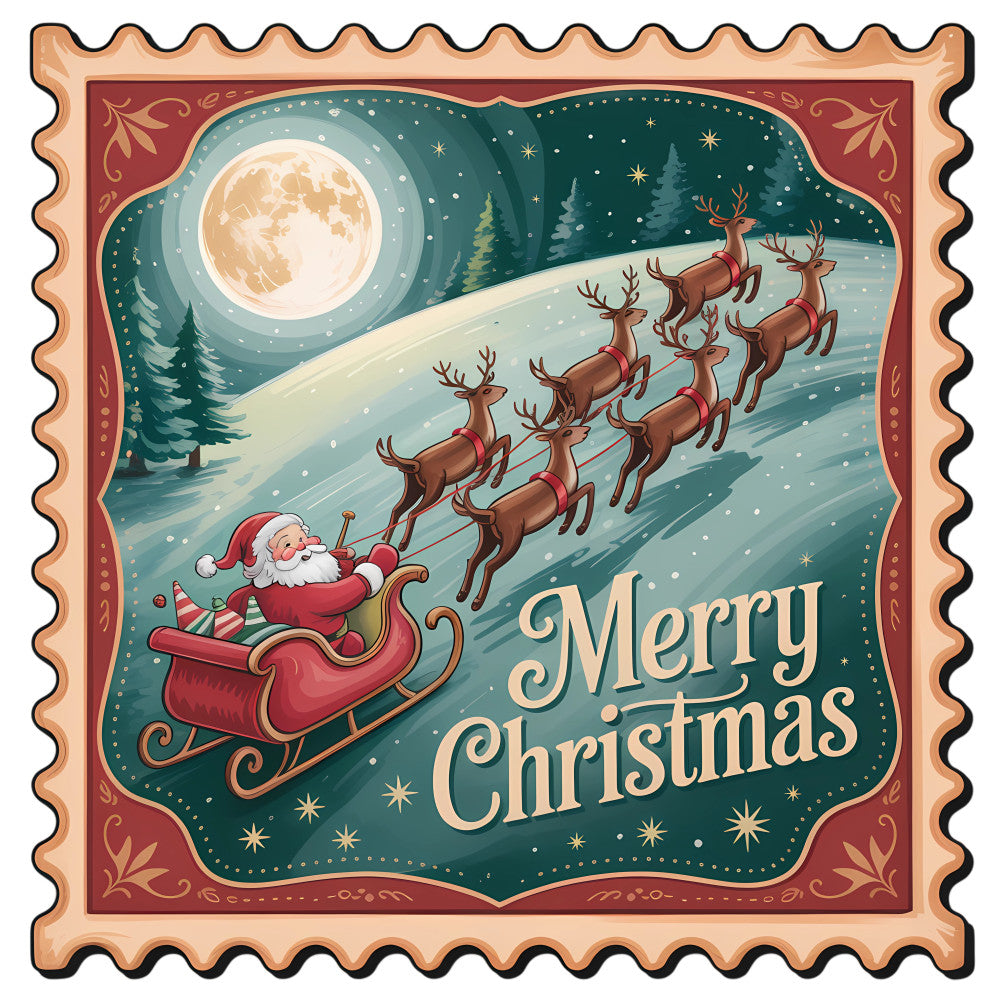 Vintage Christmas Stamps Fabric Panel 15 featuring Santa in sleigh with reindeer flying over snowy forest under full moon.