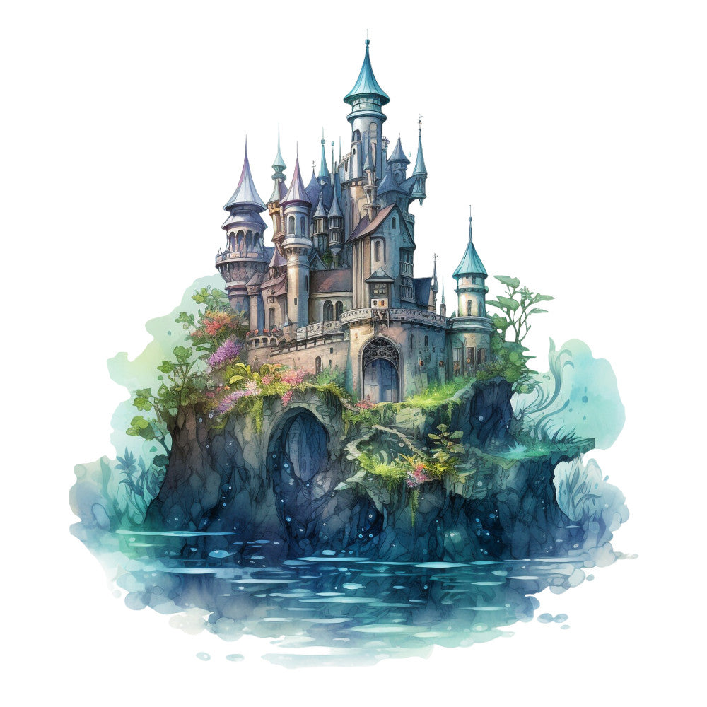 watercolor castle, fairy tale, fantasy architecture, turquoise spires, teal towers, stone fortress, mystical island, aqua waters, botanical elements, flowering vines, purple blooms, medieval design, whimsical illustration, fabric panel, quilting cotton, dreamy atmosphere, enchanted scene, soft pastels, artistic rendering
