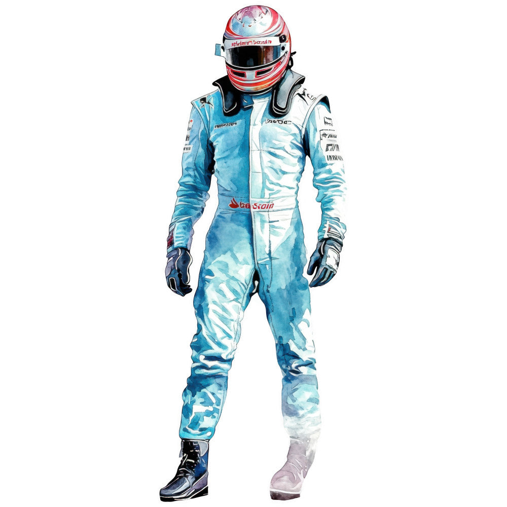 watercolor, turquoise, light blue, white, red helmet, racing driver, formula one, motorsport, athletic figure, soft brushstrokes, painted effect, fabric panel, quilting cotton, modern art style, racing suit, helmet design, sports theme, contemporary illustration, aqua tones, racing character
