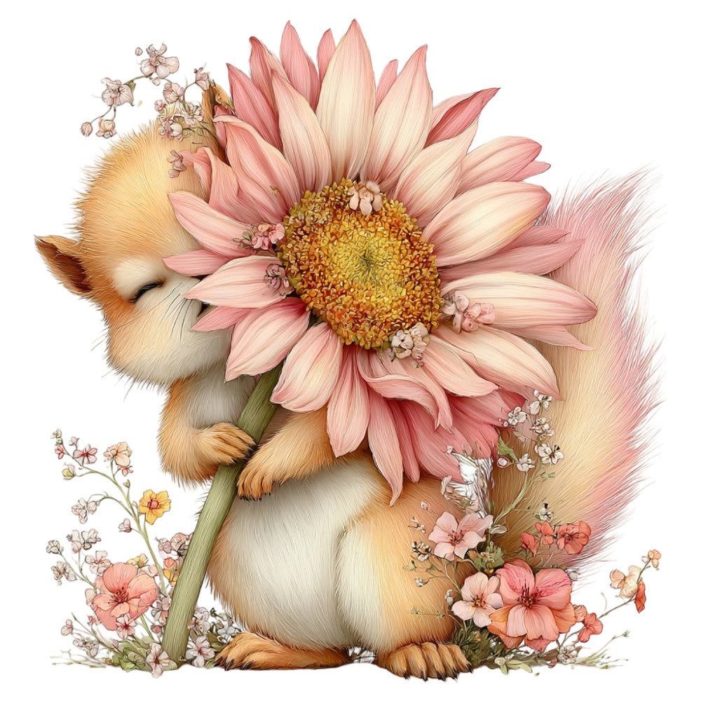 blush pink, cream, golden yellow, coral pink, soft pastels, floral, animals, woodland creatures, squirrel, daisy, gerbera daisy, baby animals, nature, spring, whimsical, sweet, gentle, children's fabric, baby quilt, nursery, adorable, cute, botanical, garden flowers, vintage style, delicate florals, storybook style, illustration art