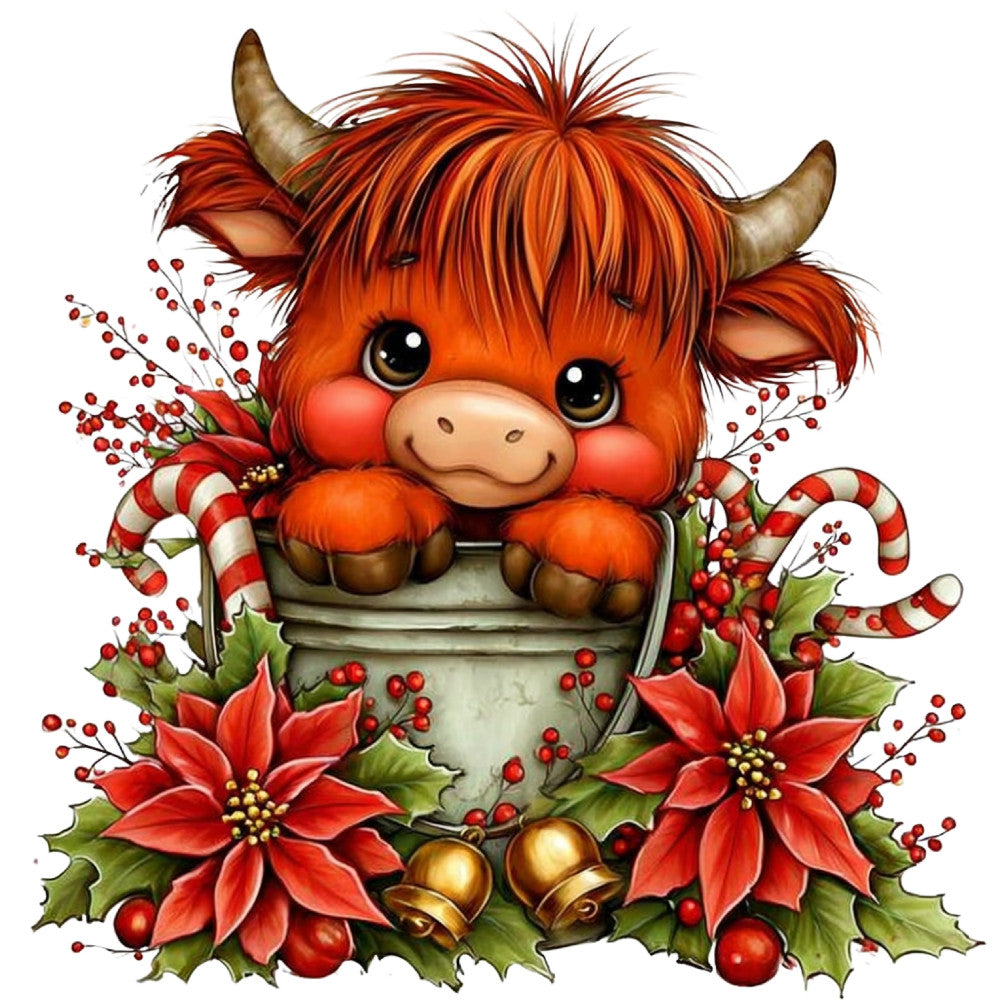 highland cattle, cute animals, festive, holiday, christmas, red, orange, cream, gold, poinsettia, holly, candy cane, bells, whimsical, seasonal, winter, december, rustic, farmhouse, cottage core, sweet, charming, nature inspired, floral, berries, botanical, children's, nursery, festive decor, warm tones