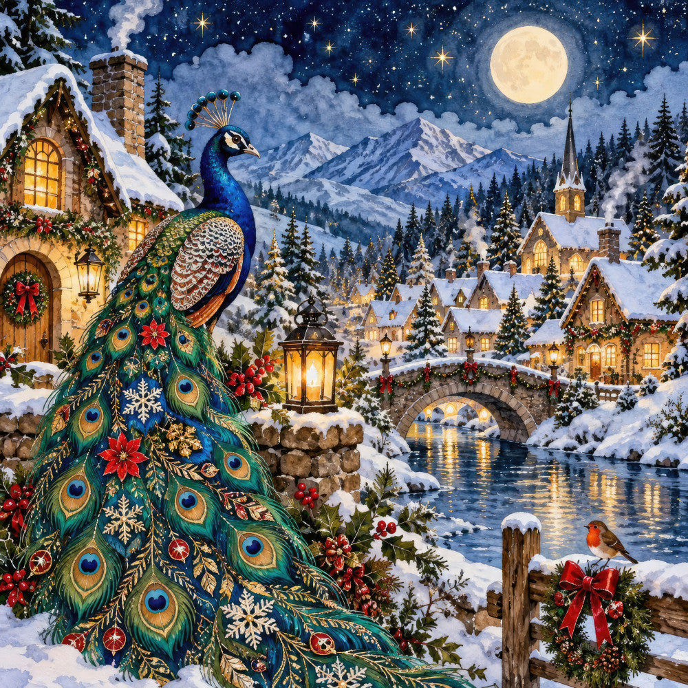 winter wonderland, peacock, christmas, holiday, snow, mountains, full moon, starry night, celestial, frosted trees, village scene, decorative, elegant, whimsical, traditional, fairy tale, jewel tones, deep blue, forest green, gold accents, red berries, ornamental, festive, nostalgic, vintage, european countryside, architectural, nature scene, wall hanging, home decor
