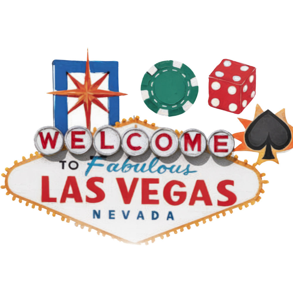 casino gaming, las vegas sign, gambling theme, poker chip, dice, spade symbol, red, blue, green, white, orange, star burst, nevada, welcome sign, fabric panel, quilting cotton, gaming motif, vintage signage, retro style, entertainment theme