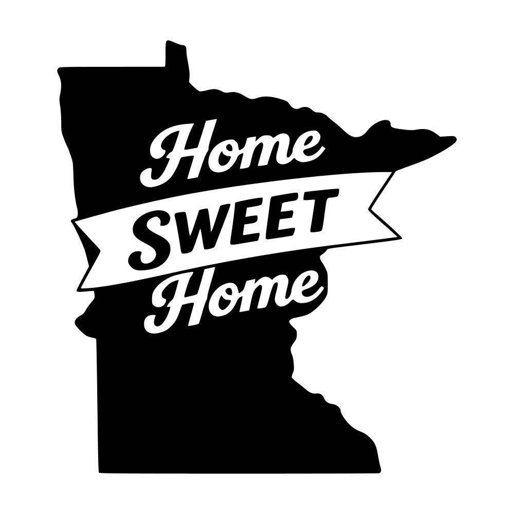 home sweet home, minnesota, state pride, typography, text, banner, black and white, monochrome, vintage, retro, americana, patriotic, rustic, farmhouse, home decor, wall hanging, home state, geographic, silhouette, classic, traditional, inspirational, quote, saying, midwest, geographic map, novelty