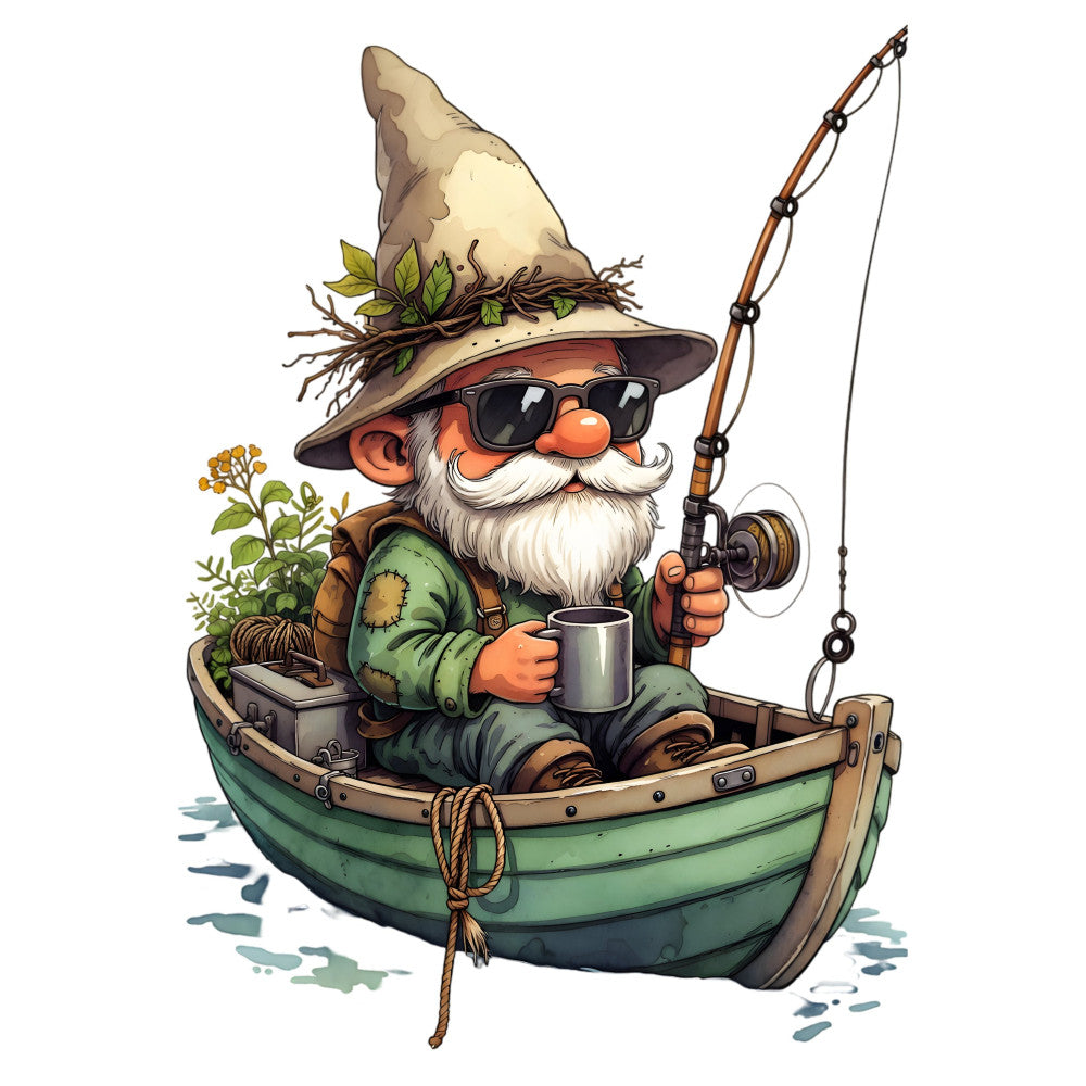 gnome, fishing, boat, whimsical, fantasy, character, beard, wizard hat, sunglasses, nature, garden, plants, herbs, vintage, rustic, adventure, outdoor, camping, forest green, cream, orange, brown, tan, sage green, storybook, illustration, novelty, cottagecore, magical, quirky