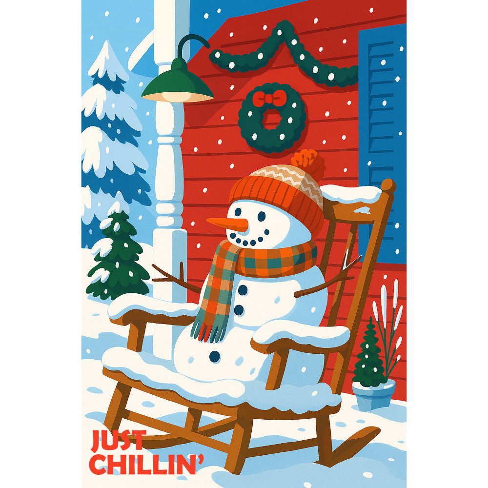 christmas fabric panel, snowman, winter scene, red cabin, blue shutters, green wreath, snow-covered trees, rocking chair, orange knit hat, plaid scarf, falling snow, holiday decorations, festive illustration, quilting cotton, seasonal motif, cozy winter, white snow, evergreen trees, christmas garland, cottage scene
