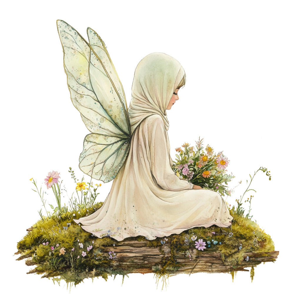 fairy, fairy wings, whimsical, nature, flowers, floral, butterfly wings, woodland, moss, log, botanical, spring, cream, pale yellow, sage green, soft pastels, soft pink, lavender, daisy, girl, feminine, ethereal, fantasy, magical, garden, enchanted, delicate, romantic, bohemian, nature-inspired