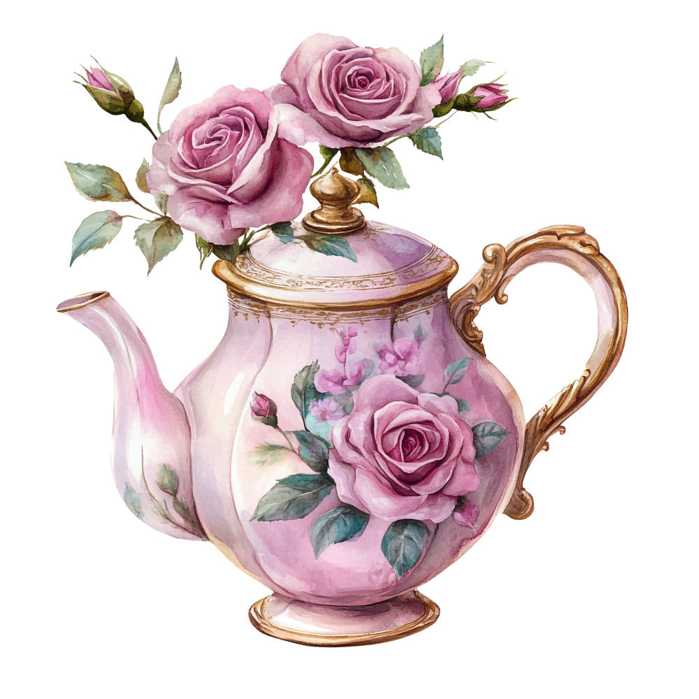dusty rose, mauve, blush pink, soft pink, cream, gold, bronze, floral, roses, vintage, elegant, romantic, tea time, teapot, botanical, nature, spring, traditional, shabby chic, ornate, porcelain, cottage core, classic, garden, pink roses, green leaves, decorative handle, pretty, feminine, timeless