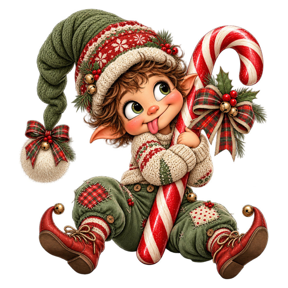 christmas elf, holiday, whimsical, festive, red, cream, forest green, candy cane striped, plaid, peppermint, vintage, elf character, joyful, playful, tartan, holly berries, evergreen, winter, seasonal, traditional christmas, children's, cute, folk art, retro, nostalgic, decorative panel, wall hanging, christmas quilt, holiday home decor, embellished