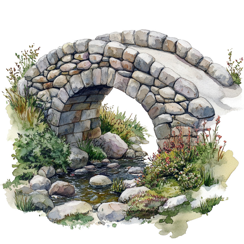 stone bridge, watercolor style, countryside scene, stream, flowing water, gray stones, green foliage, wildflowers, natural landscape, fabric panel, quilting cotton, earth tones, botanical elements, rustic charm, pastoral scene, muted colors, organic shapes, garden design, nature motifs