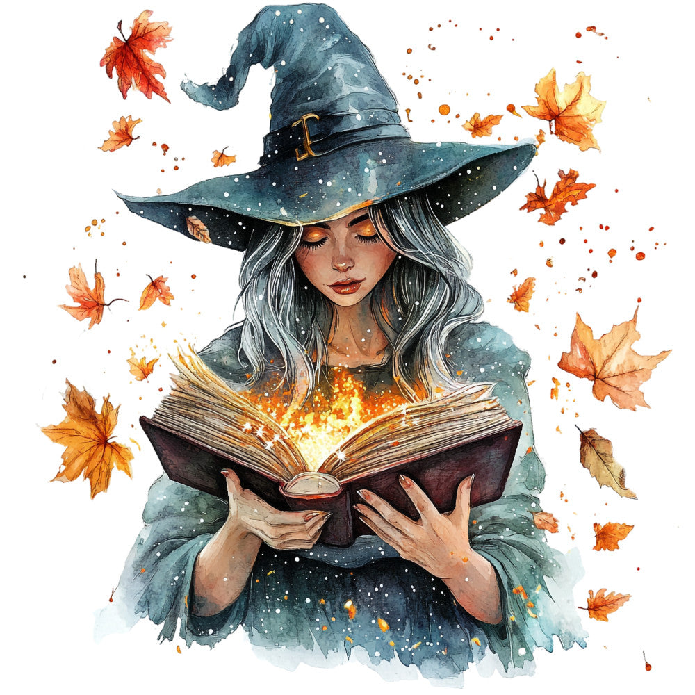 watercolor, witch, teal, orange, autumn leaves, magical, spellbook, pointed hat, grey hair, fabric panel, quilting cotton, fall theme, mystical, enchanted, golden glow, maple leaves, whimsical art, fantasy character, seasonal design, craft project